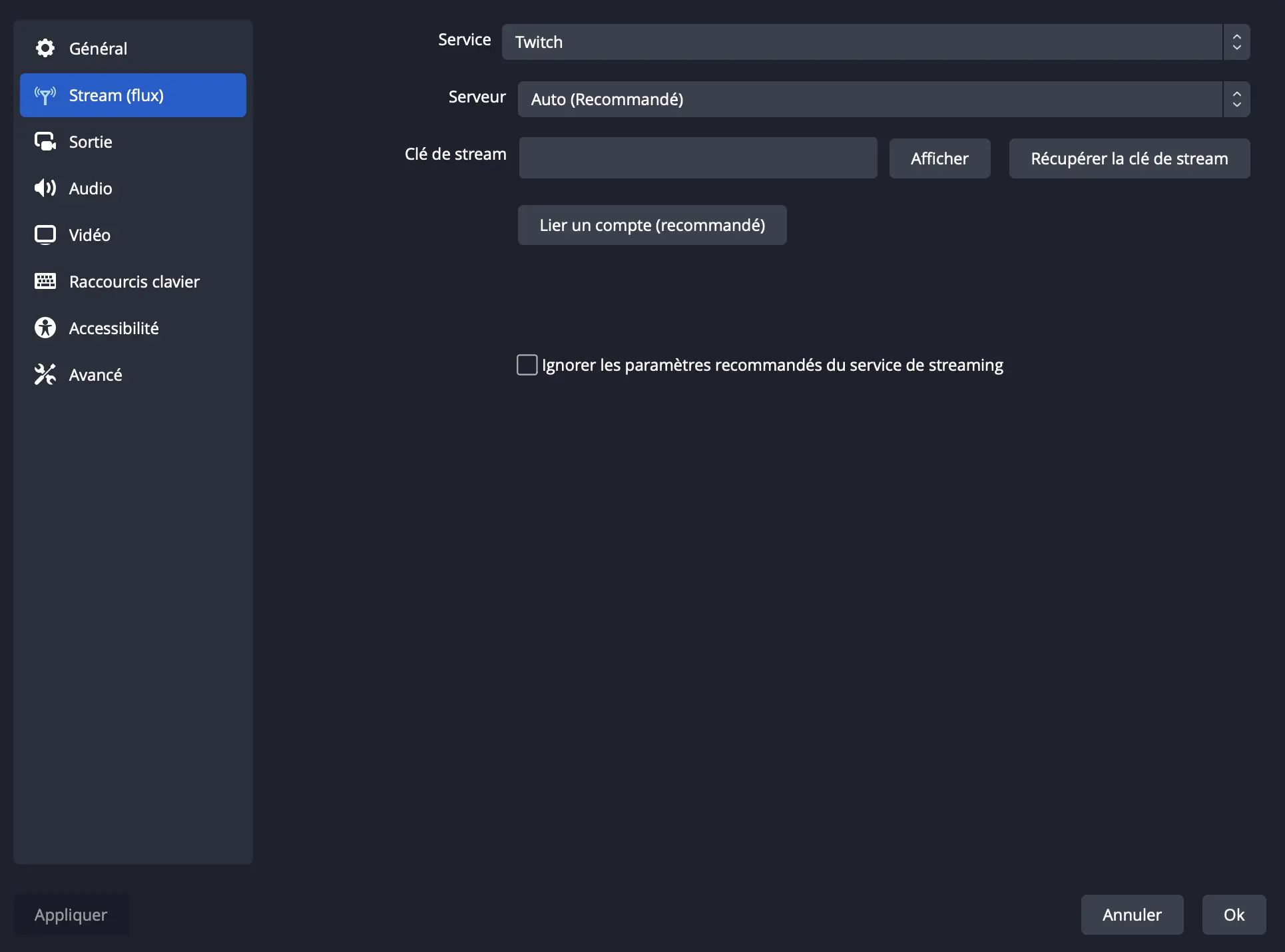 Capture d'écran de l'interface d'OBS afin de relier votre compte Twitch directement au logiciel