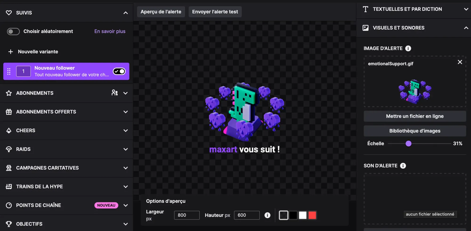 Exemple d'une alerte Twitch directement configurée sur le site (c'est nouveau)