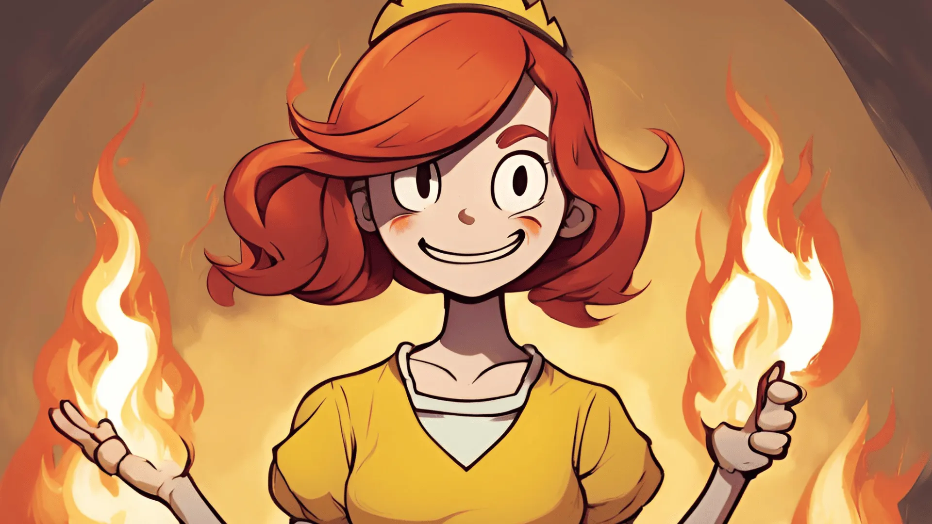 Image générée par IA d'une femme cartoon avec des flammes dans les mains