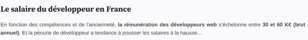 Capture d'écran sur le salaire du développeur en France
