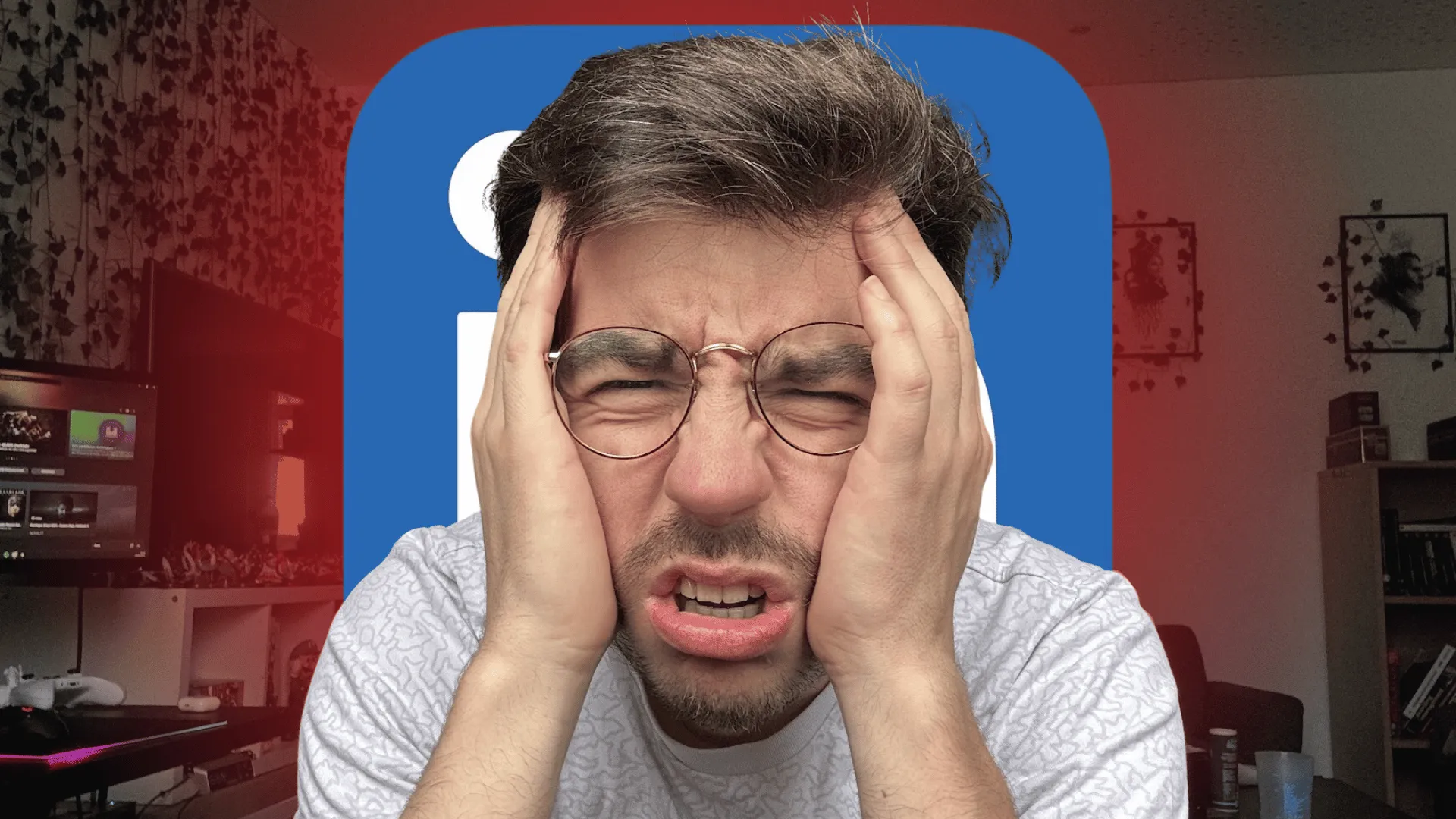 Steven se tenant la tête avec les mains, avec le logo maléfique de LinkedIn dans le fond